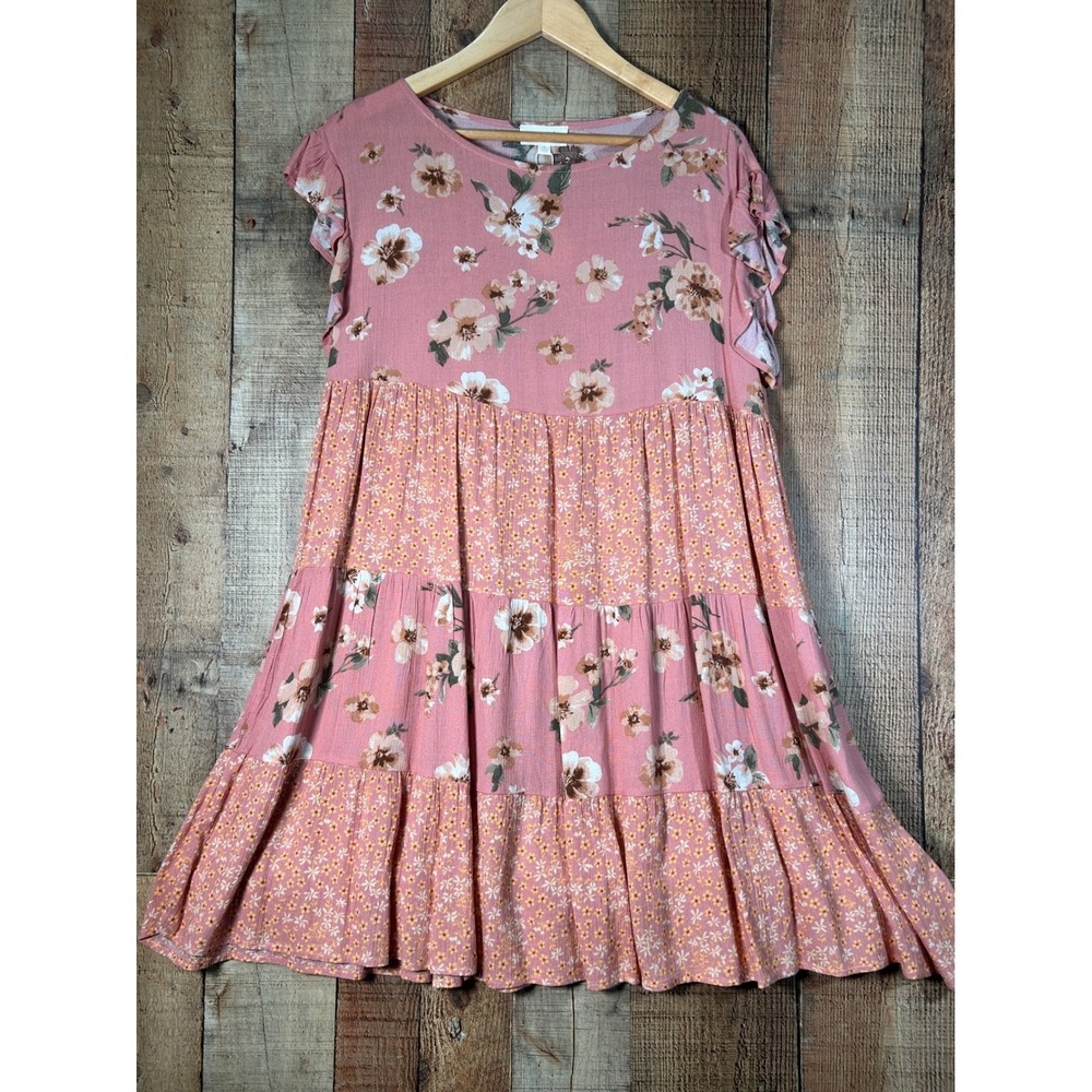 ODDI Pink Floral Rayon Tiered Babydoll Dress Flutter Sleeve Boho Cottagecore S